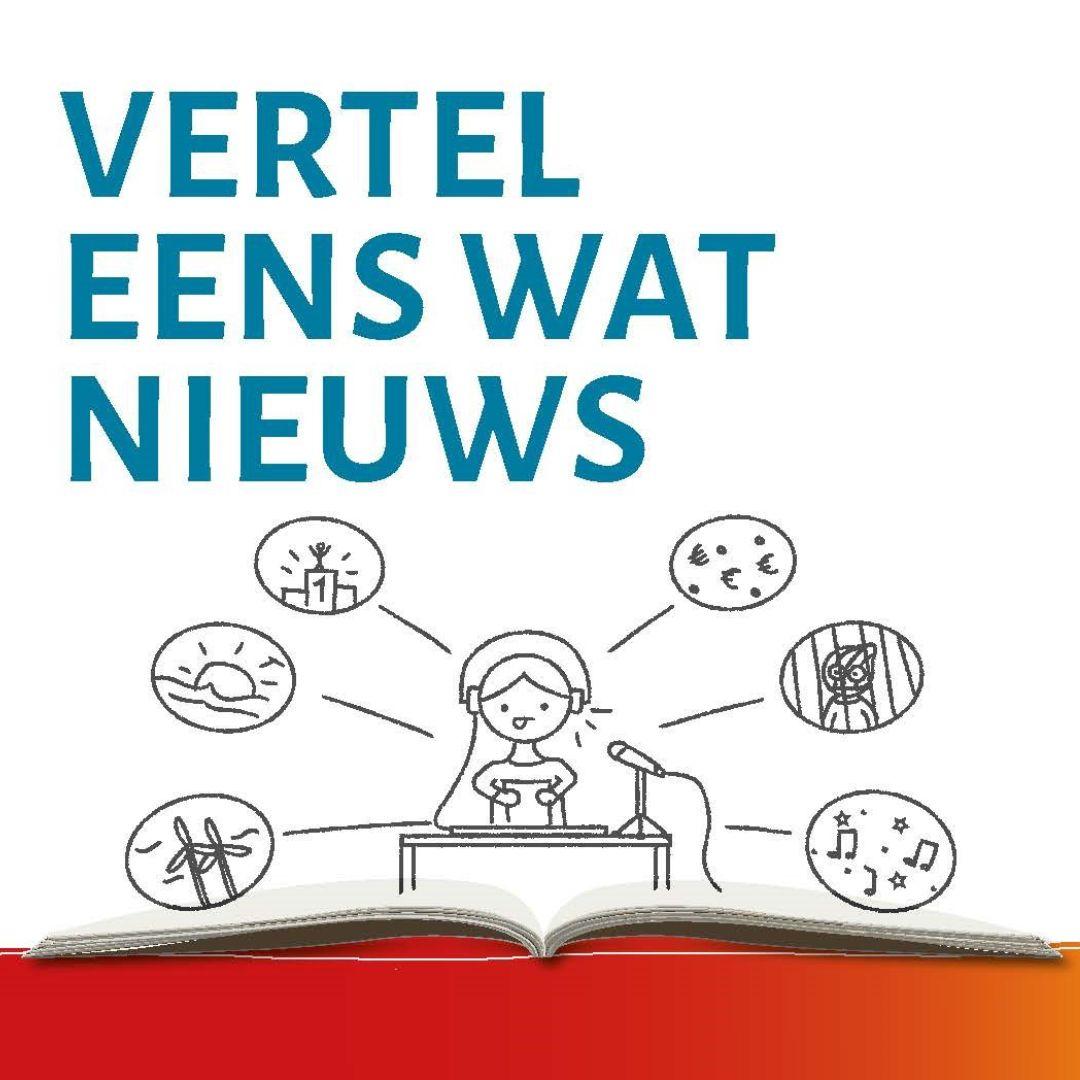 een animatie waarbij een voorlezer met koptelefoon nieuws voorleest. In tekstballonnetjes worden tekeningen getoond, zoals een ondergaande zon, een sportpodium, een boef achter tralies. Tekst: Vertel eens wat nieuws.