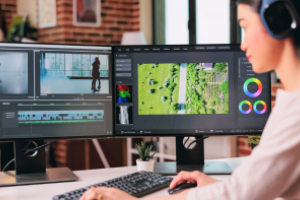 persoon met hoofdtelefoon voor twee beeldschermen met video's en soundtrack