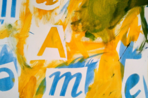 kleurrijk schilderij met letters in verschillende vormen